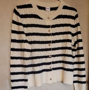 Elegant Black and White Striped Cable Knit Cardigan Small